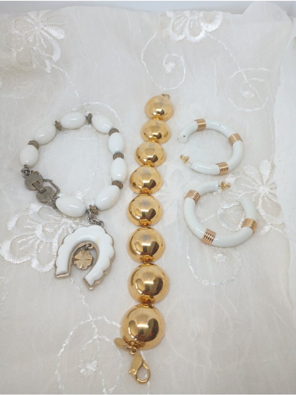 Vtg Monet Lot Bracelet Earring ~Gently loved Gold Half Sphere, White Lucky Charm - Picture 4 of 14